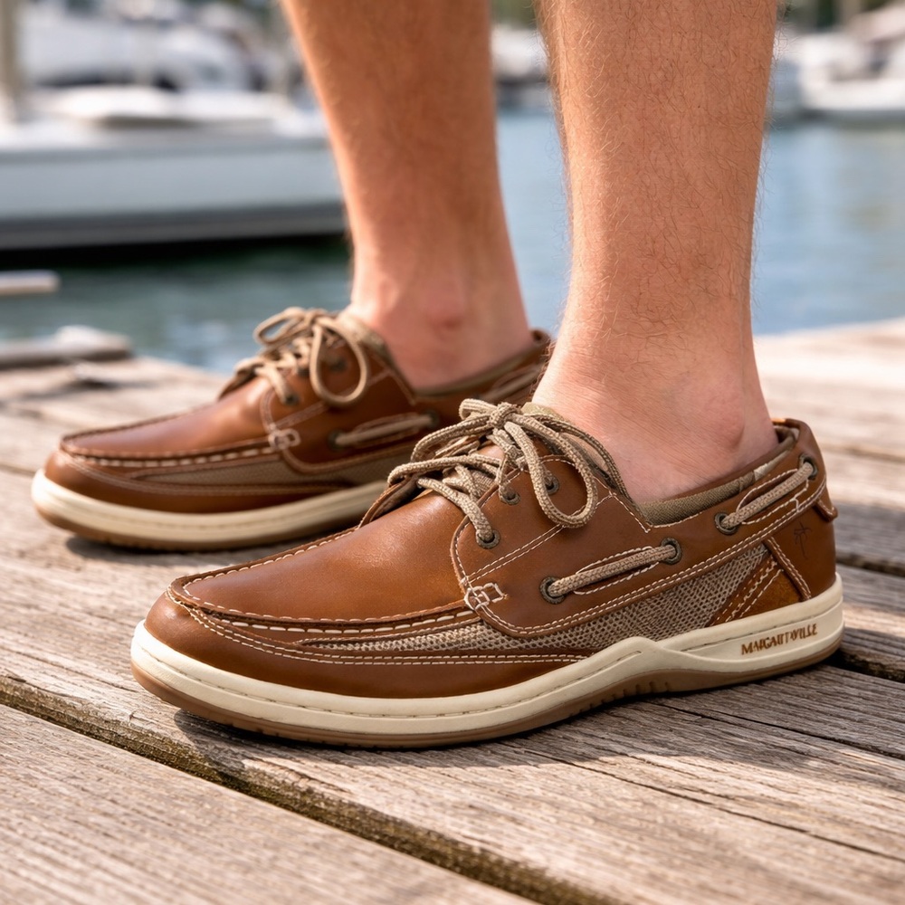 Margaritaville Anchor Men's 9.5 Brown Leather Boat Shoes Casual Nautical Loafers